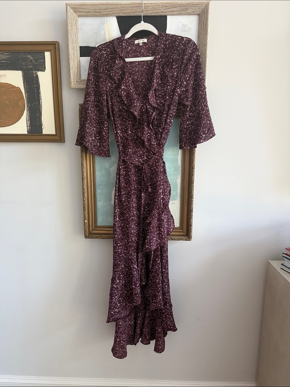 Max Studio Plum Printed Ruffle Wrap Maxi Dress